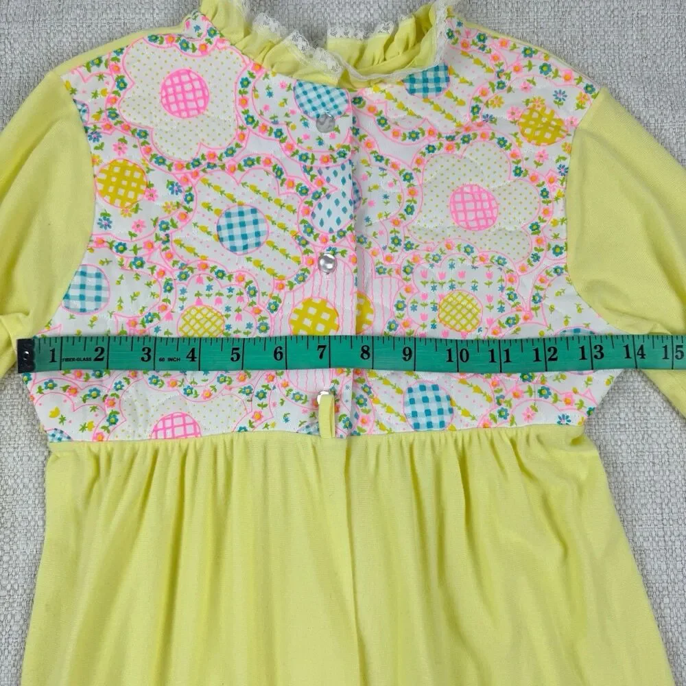 VTG Her Majesty Pajama Nightgown Girls 8 Flannel Lace Trim Yellow Quilted USA